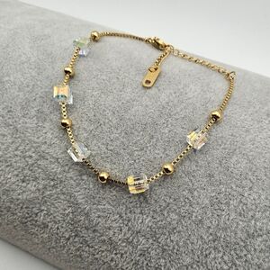 18k Gold Plated Stainless Steel Satellite Chain Bracelet, Iridescent Cube Bead